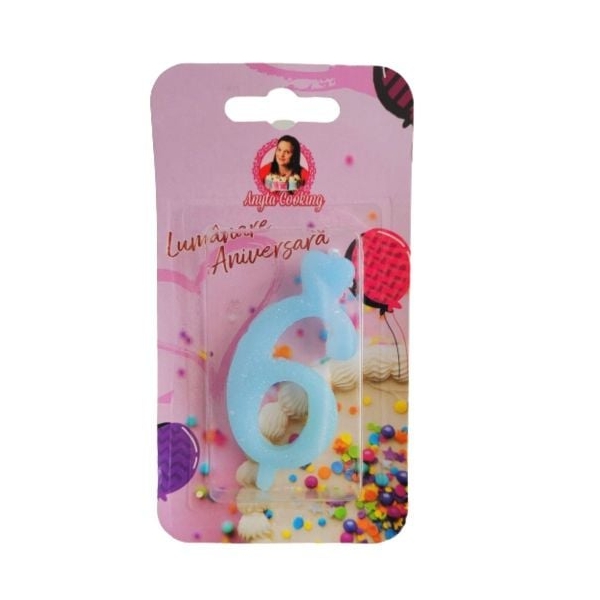 Lumanare Tort cu Sclipici - NR 6 - Albastru - Anyta Cooking - Anyta Cooking