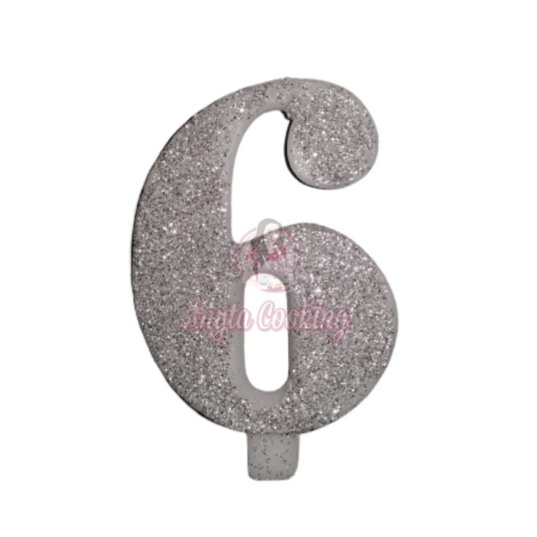 Lumanare Tort cu Sclipici - NR 6 - Argintiu - 7 cm - Anyta Cooking - Anyta Cooking