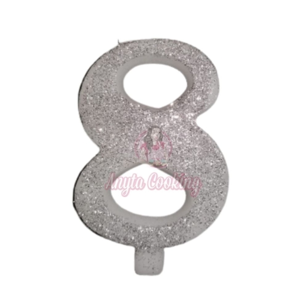 Lumanare Tort cu Sclipici - NR 8 - Argintiu - 7 cm - Anyta Cooking - Anyta Cooking