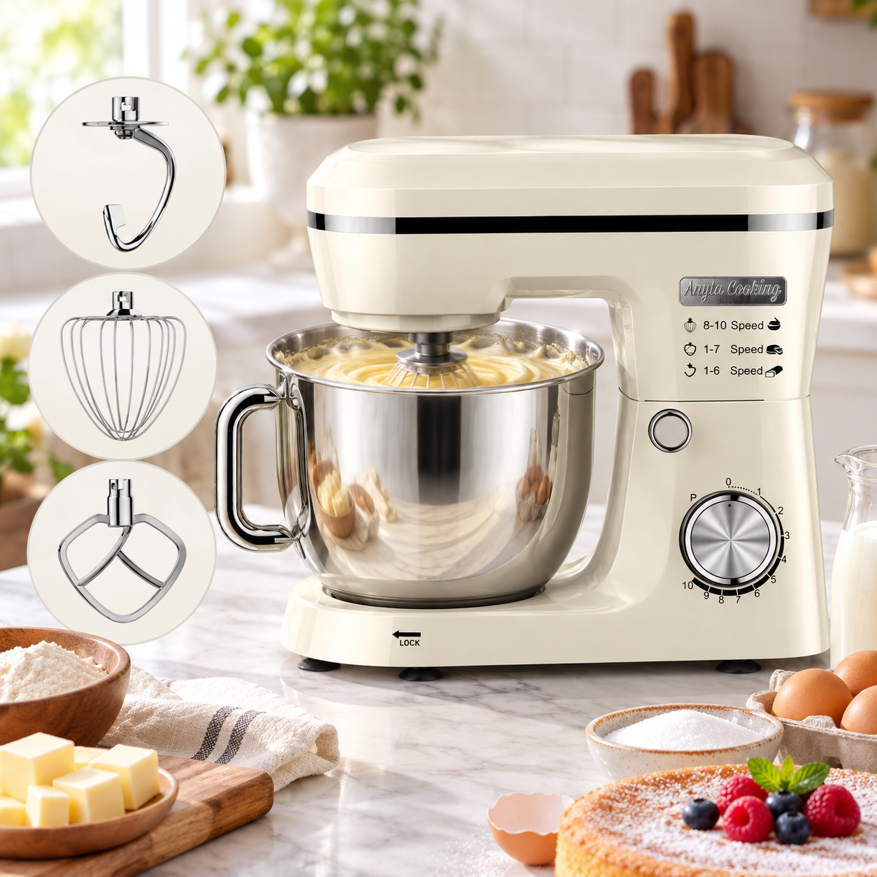 Mixer Planetar Retro Crem – 1500W-MAX, Bol Inox 4,5L, 10 Viteze - Anyta Cooking