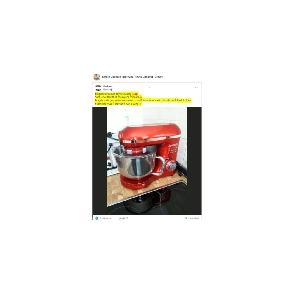 Robot de Bucătărie Mixer cu bol de 6.2 L - 1500W -Roșu- cu blender și tocător-Anyta Cooking