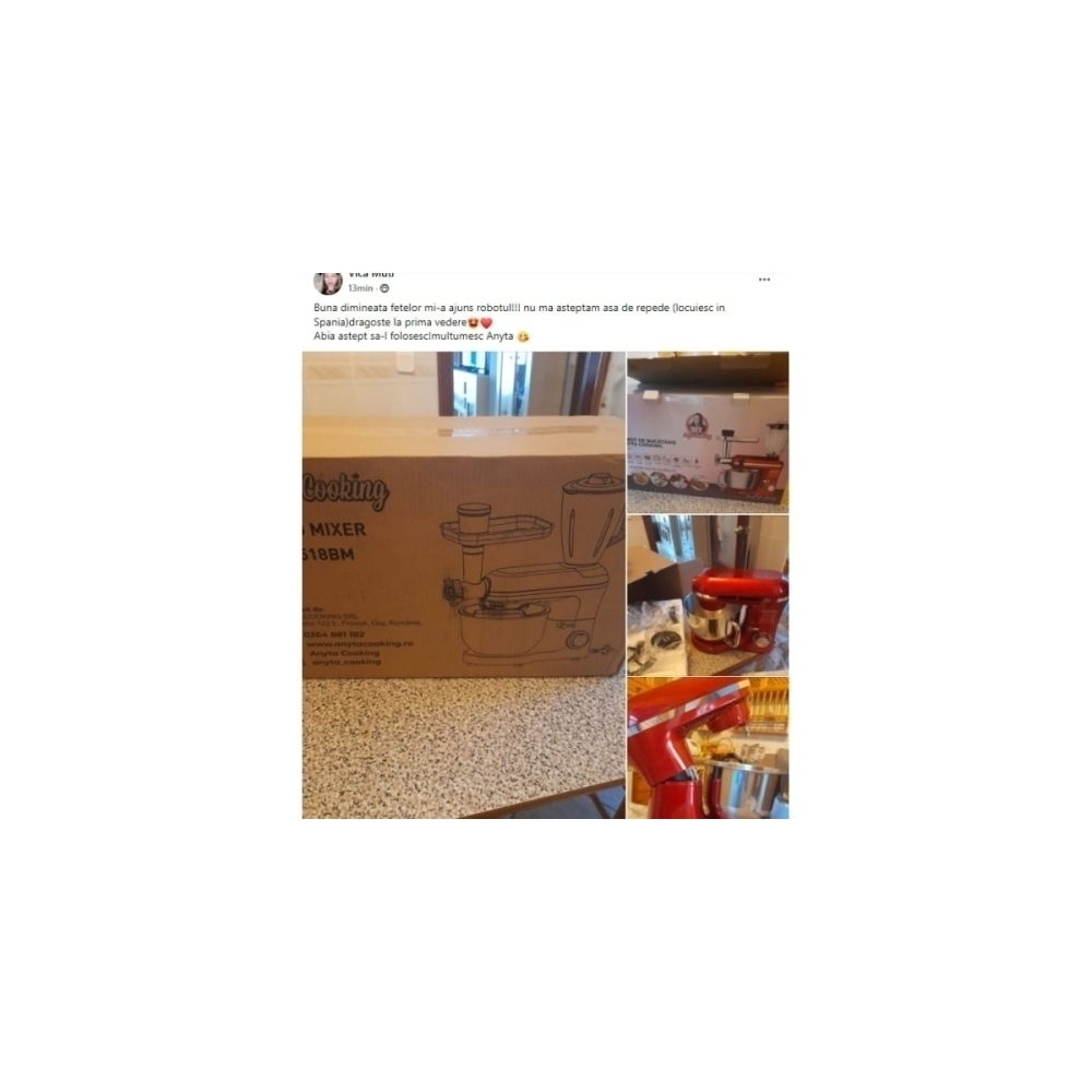 Robot de Bucătărie Mixer cu bol de 6.2 L - 1500W -Roșu- cu blender și tocător-Anyta Cooking