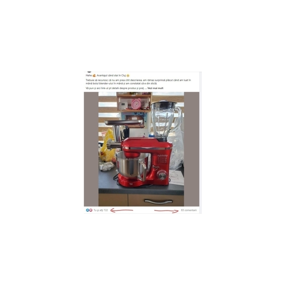 Robot de Bucătărie Mixer cu bol de 6.2 L - 1500W -Roșu- cu blender și tocător-Anyta Cooking