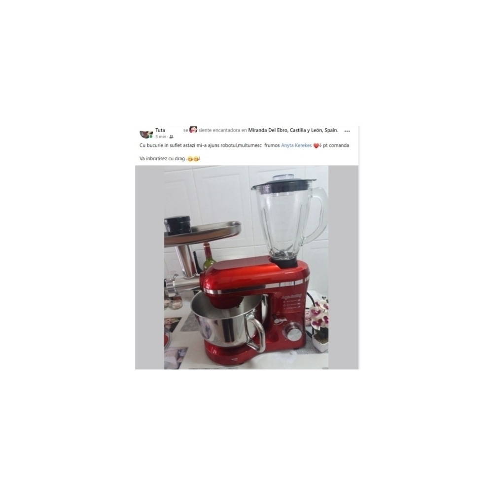 Robot de Bucătărie Mixer cu bol de 6.2 L - 1500W -Roșu- cu blender și tocător-Anyta Cooking