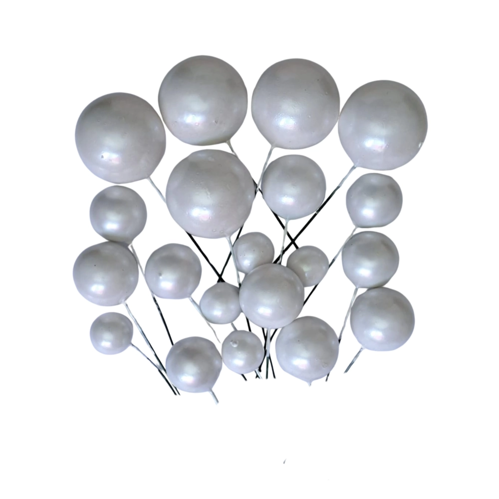Set 20 sfere/bile din plastic pentru decor tort - Alb Perlat