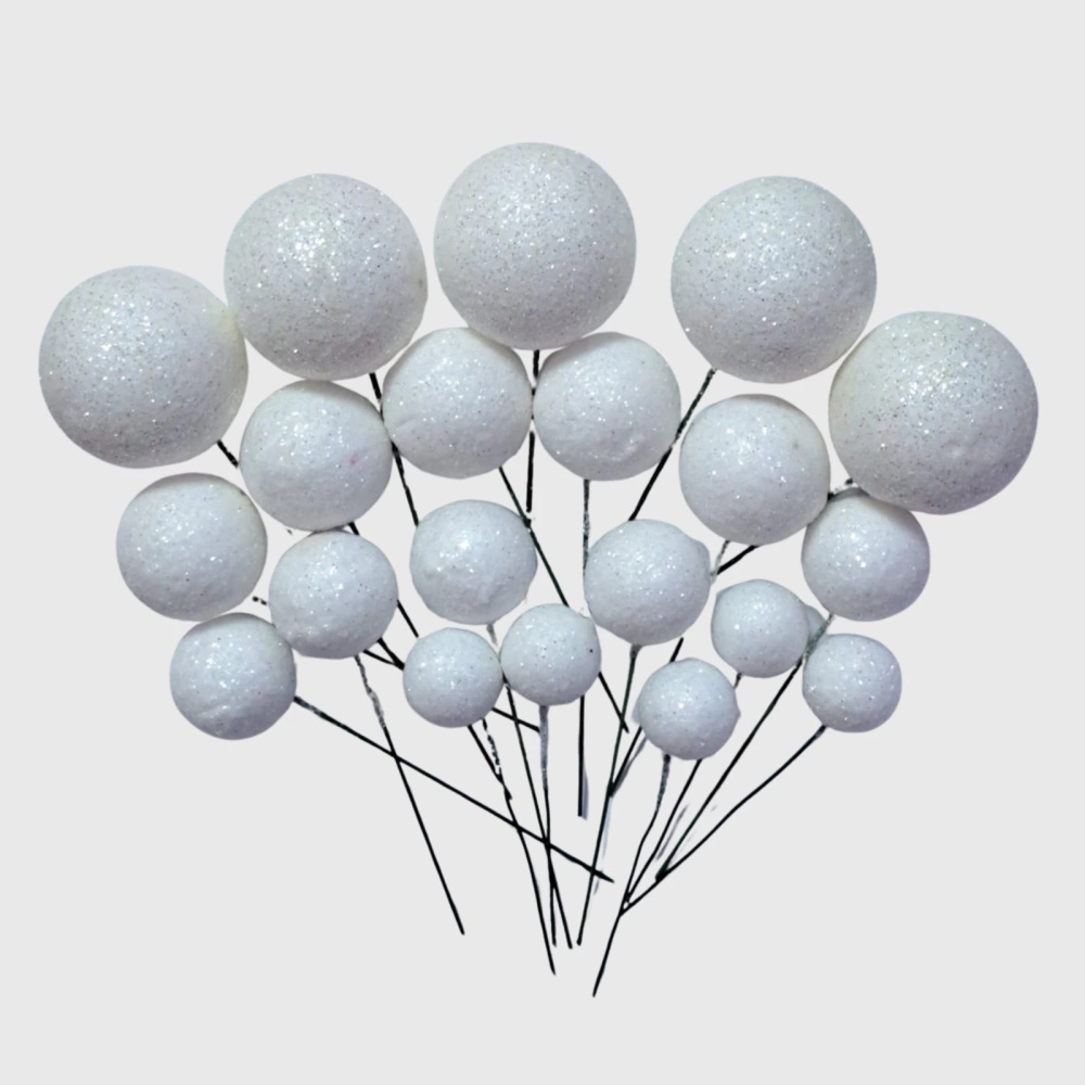 Set 20 sfere/bile din plastic pentru decor tort - Albe cu sclipici