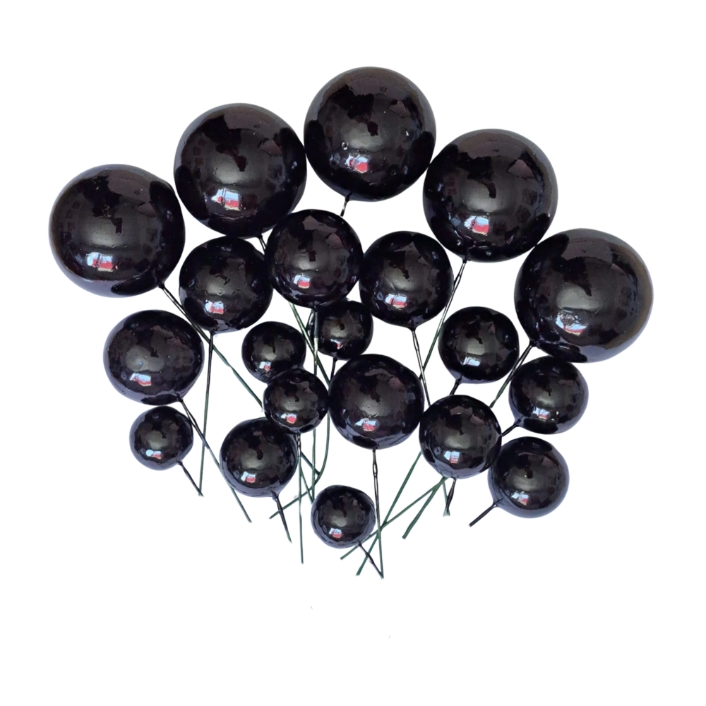 Set 20 sfere/bile din plastic pentru decor tort - Negru Lucios
