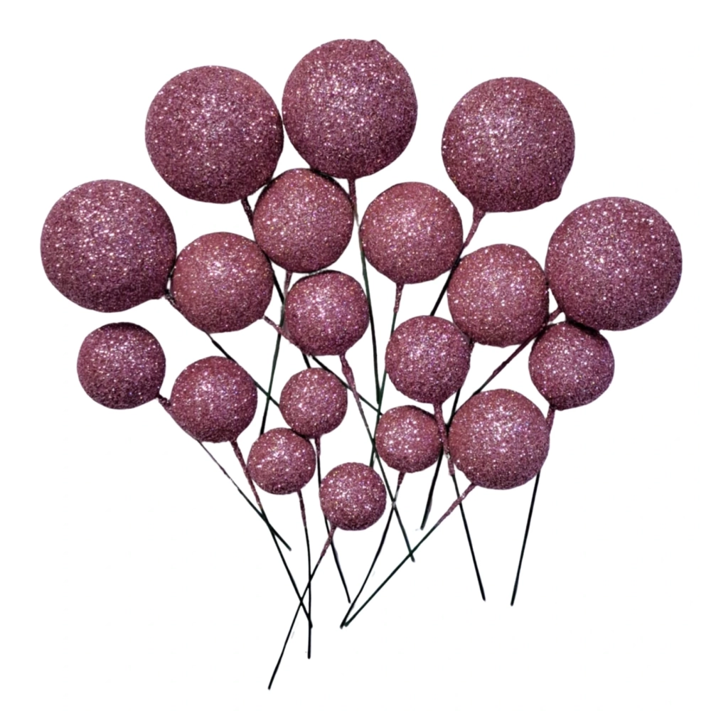 Set 20 sfere/bile din plastic pentru decor tort - Roz cu Sclipici