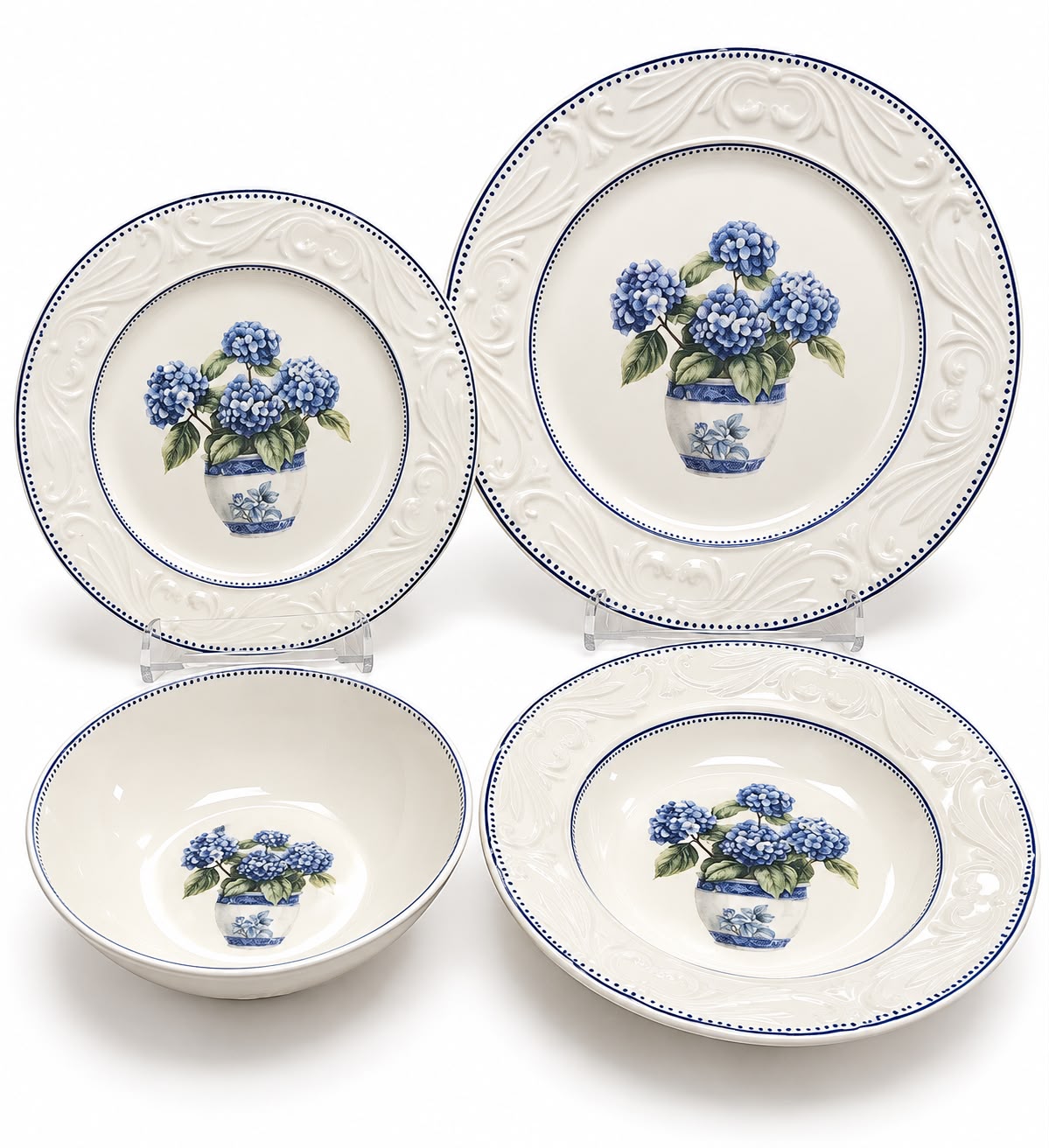 Set 24 de Farfurii de Masă, Model Vintage cu Hortensii Albastre – Anyta Cooking