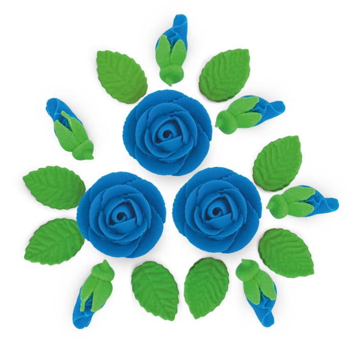 Set Decor din Pasta de Zahar - ALBASTRU INCHIS - 3 Trandafiri + 6 Muguri + 9 Frunze - YKPACA