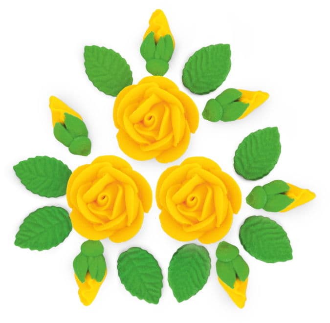 Set Decor din Pasta de Zahar - GALBEN INCHIS - 3 Trandafiri + 6 Muguri + 9 Frunze - YKPACA