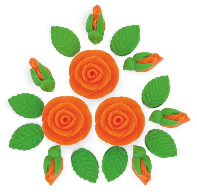 Set Decor din Pasta de Zahar - PORTOCALIU - 3 Trandafiri + 6 Muguri + 9 Frunze - YKPACA