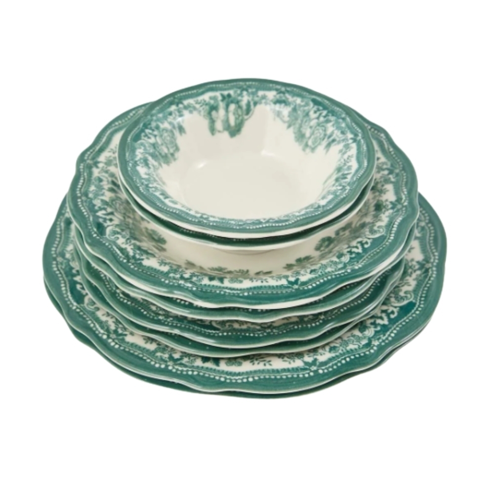 Set Veselă Porțelan Verde Floral &ndash; Colecția Anyta Home (2 Persoane, 8 Piese)