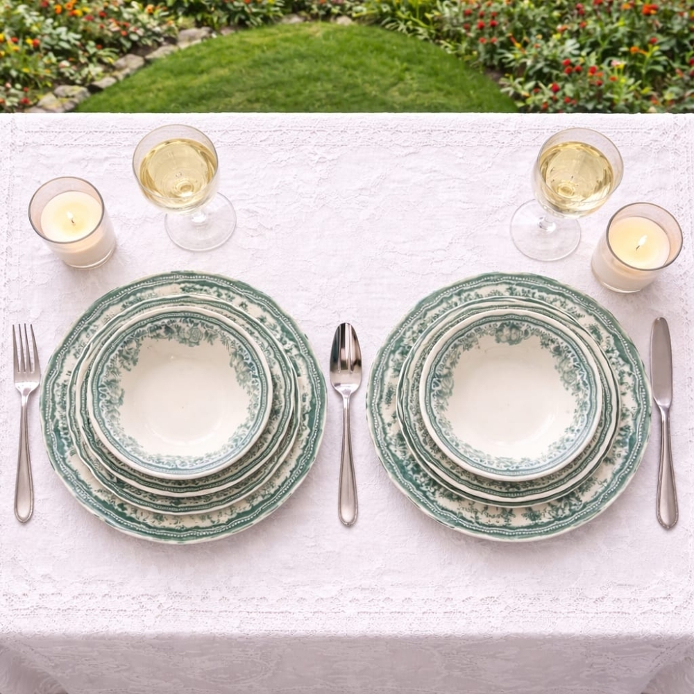 Set Veselă Porțelan Verde Floral &ndash; Colecția Anyta Home (2 Persoane, 8 Piese)