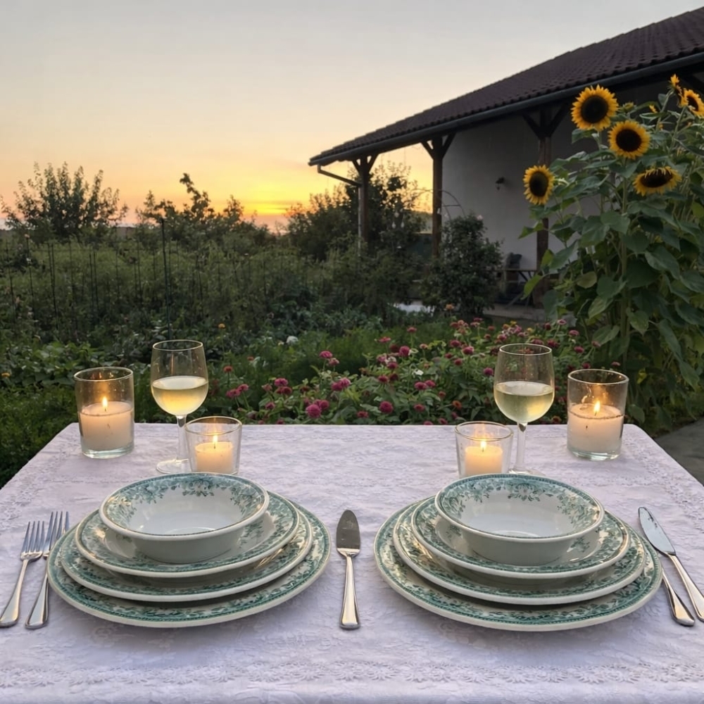 Set Veselă Porțelan Verde Floral &ndash; Colecția Anyta Home (2 Persoane, 8 Piese)