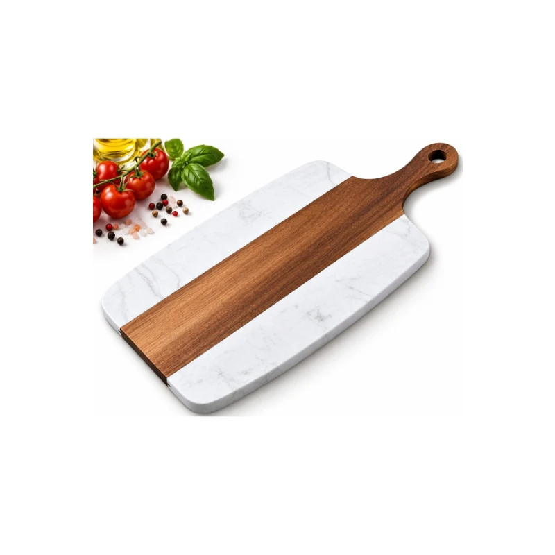 Tocător din Lemn și Piatră Naturală - Platou de Servire - 35 x 18,5 cm - Alb/Maro
