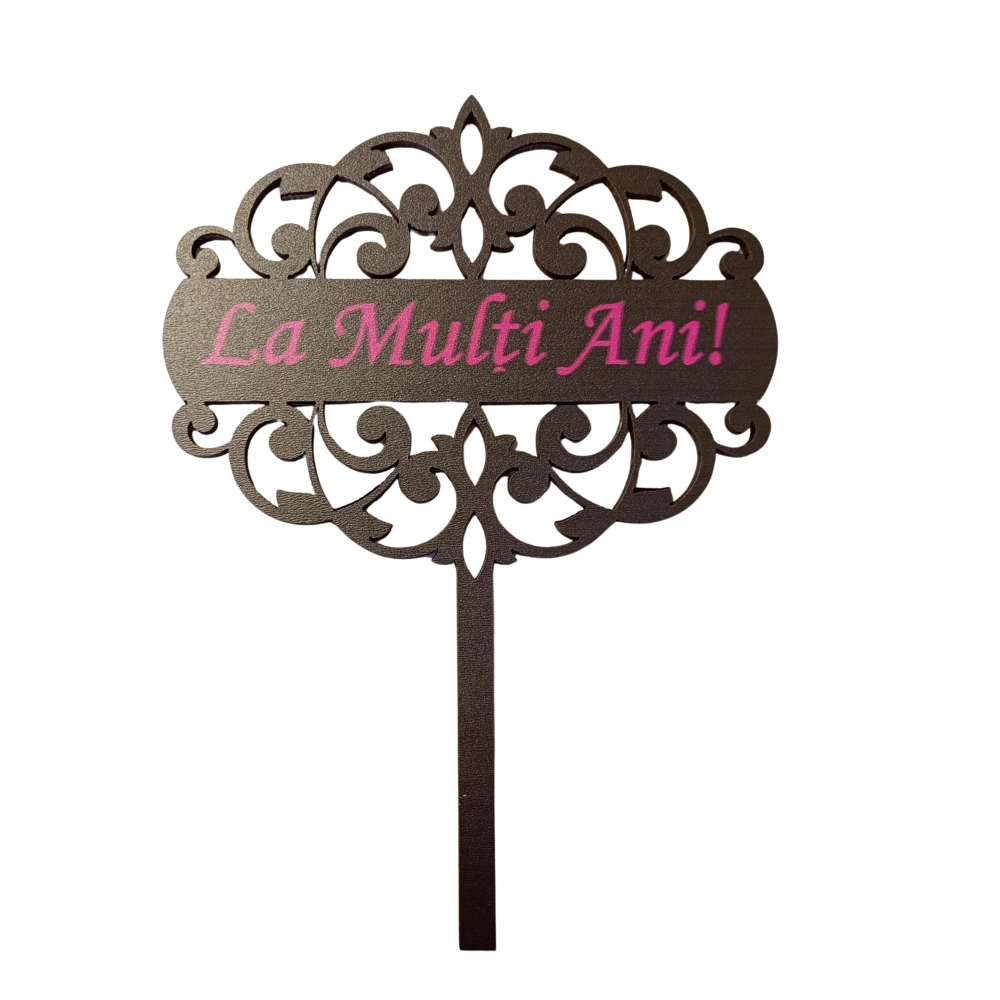 Topper tort MDF La Multi Ani - Negru cu scris ROZ