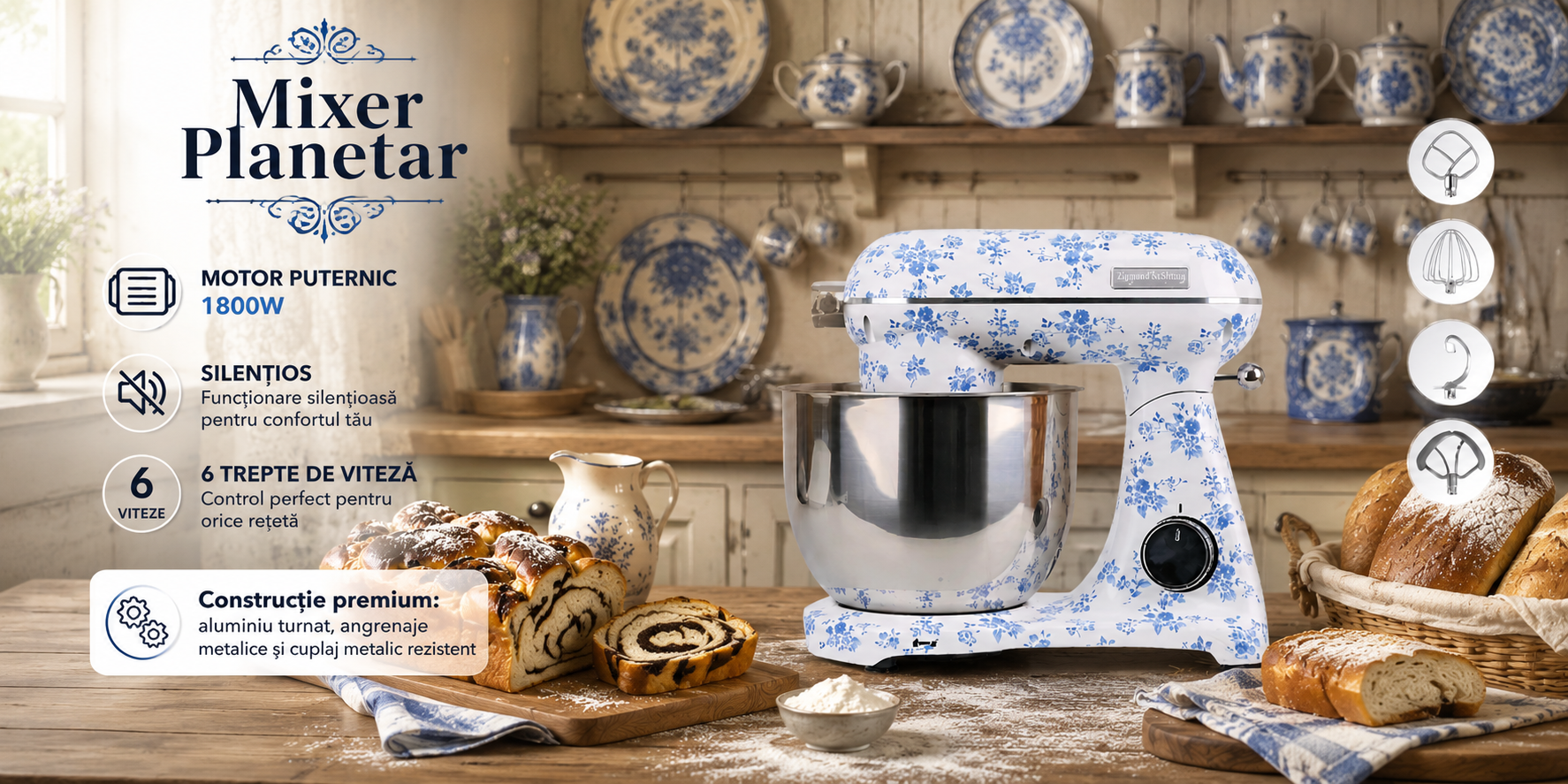 Robot de bucătărie Mixer cu bol din inox 6.5 L, 1800W, 4 accesorii incluse – Retro Floral – Anyta Cooking
