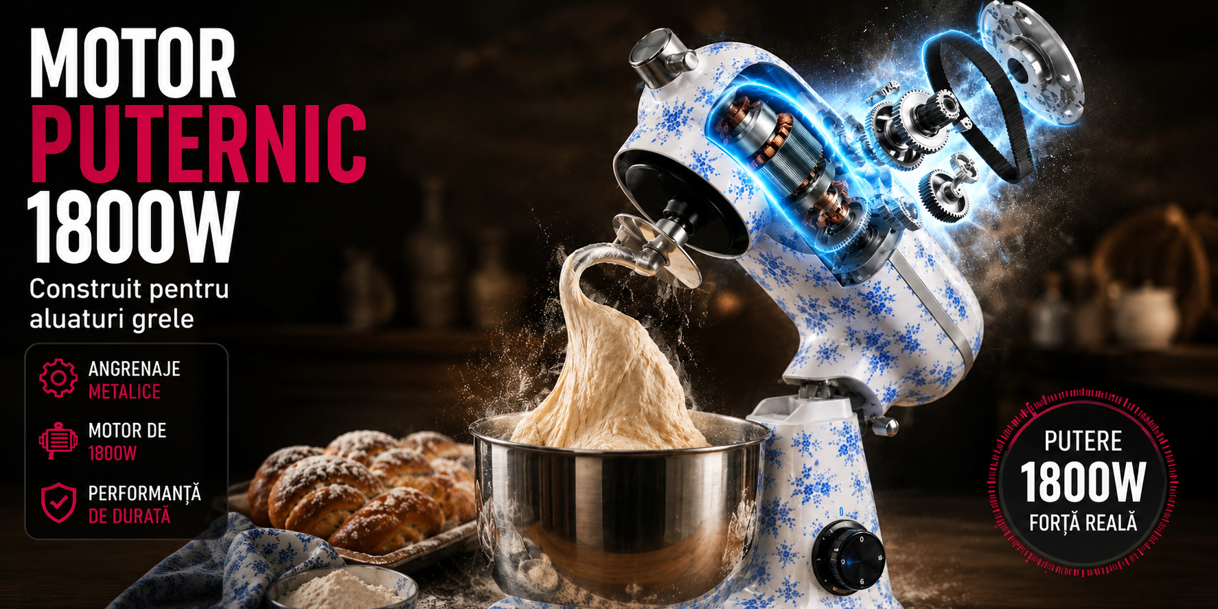 Robot de bucătărie Mixer cu bol din inox 6.5 L, 1800W, 4 accesorii incluse – Retro Floral – Anyta Cooking