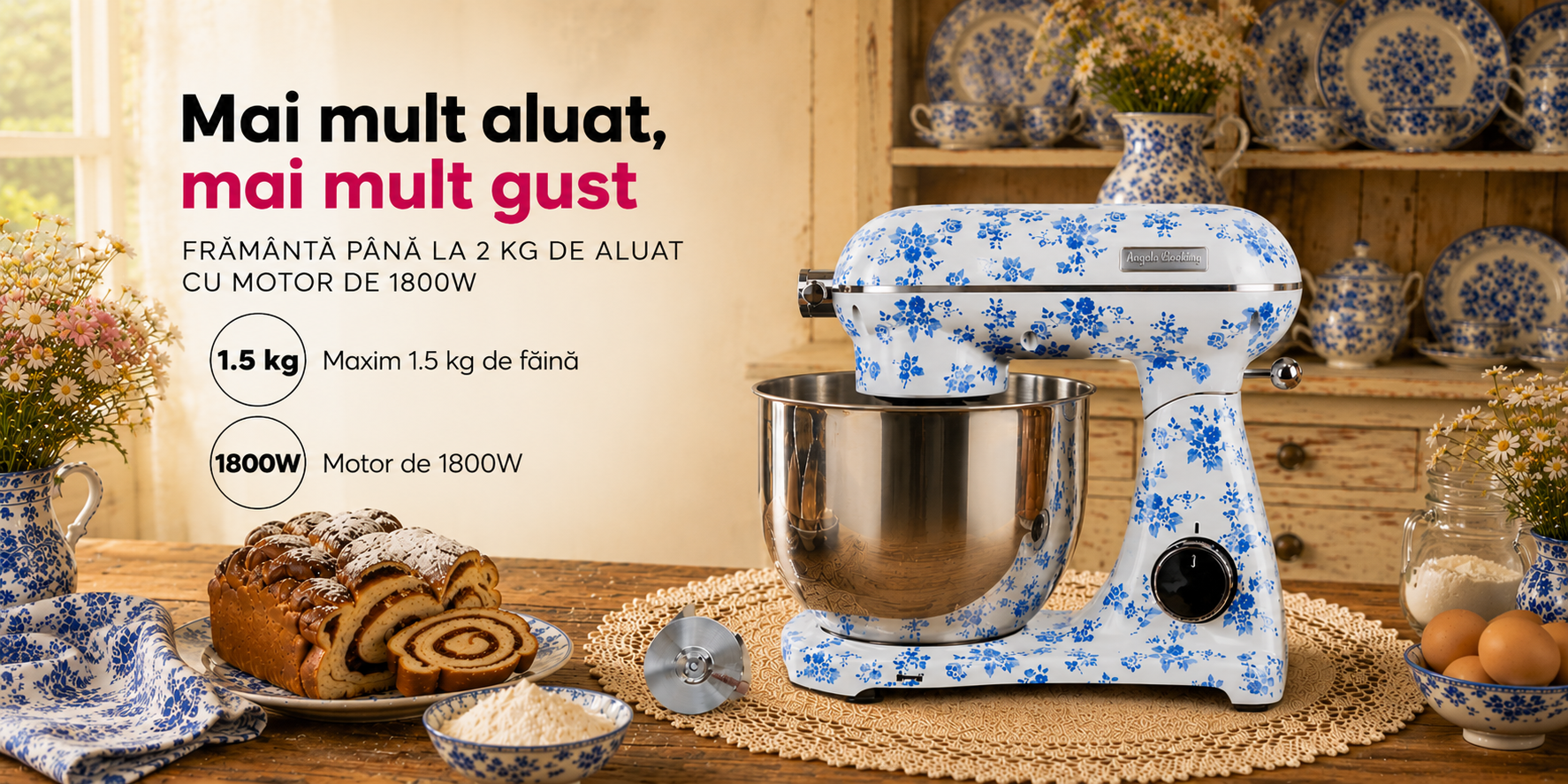 Robot de bucătărie Mixer cu bol din inox 6.5 L, 1800W, 4 accesorii incluse – Retro Floral – Anyta Cooking